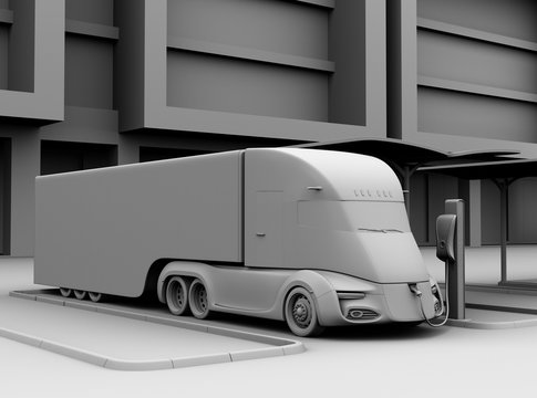 Clay model rendering of electric truck charging at charging station. 3D rendering image.