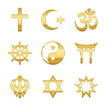 Golden world religion symbols. Signs of major religious groups and religions. Christianity, Islam, Hinduism, Buddhism, Taoism, Shinto, Sikhism and Judaism- isolated vector illustration.