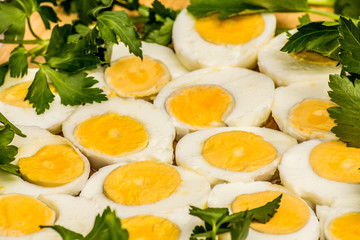 Boiled eggs cut in halves decorated with fresh parsley leaves