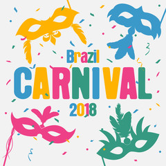 Brazil carnival background with carnaval masks and color confetti. Festive holiday banner. Vector illustration.