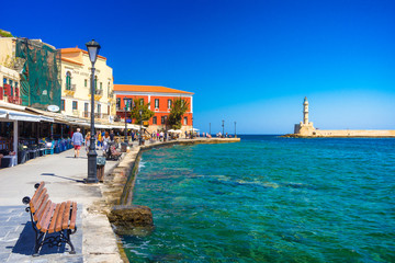 Fototapeta na wymiar Chania with the amazing lighthouse, mosque, venetian shipyards, Crete, Greece.