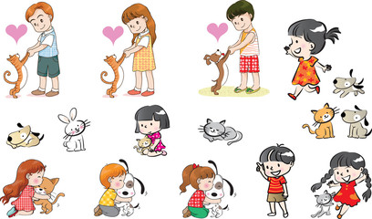 kids with pets cartoon vector