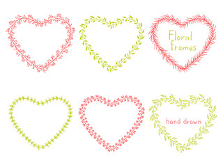 Set of floral frames in the shape of a heart.