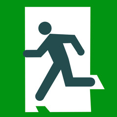 Sign exit human silhouette run within open doore on green background.