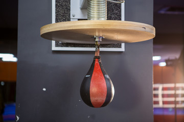 boxing gym in fitness center. Training boxing hall. Punching bag. Boxing ring. Empty boxing hall