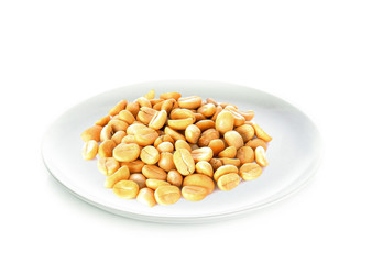 Coffee beans in white plate on white background