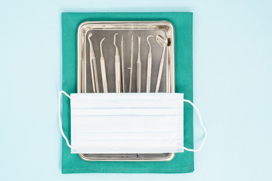 dental tools surgical kit in the clinic or office use for dentis; flat lay; top vipw.