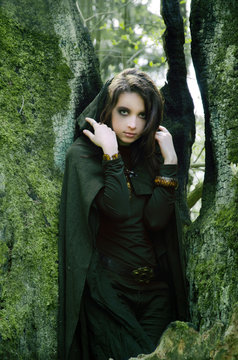 she-elf dressed in cloak with hood color of khaki in a dense the forest