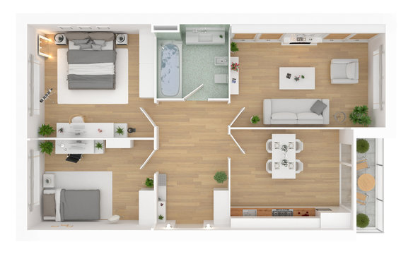 Floor plan top view. Apartment interior isolated on white background. 3D render