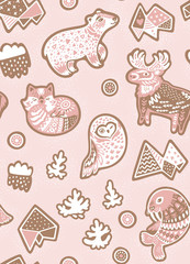 Holiday seamless pattern with ginger cookies. North Pole animals figures in cartoon style
