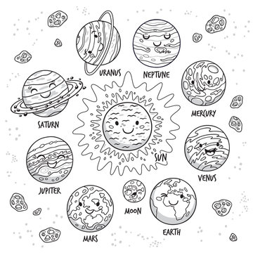 Solar system. Planets character set in cartoon style