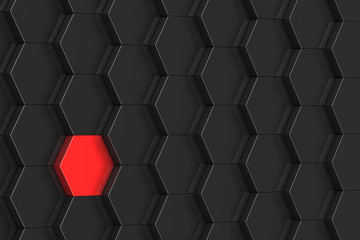 Black hexagon background with red element. 3D illustration