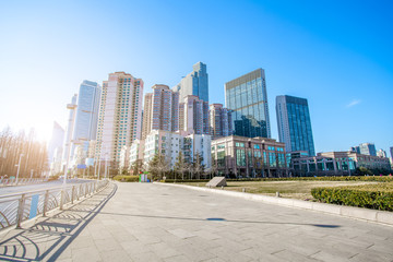 Fototapeta na wymiar The skyscrapers and skylines of the urban architectural landscape in the center of Qingdao