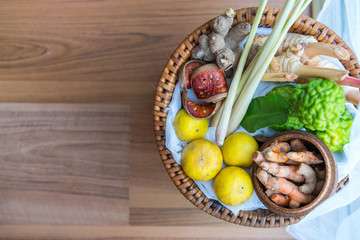Herb thai spa using ginger, galangal, lemon, bael, lemon grass, bergamot, top view.