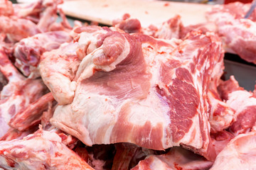 Fresh pork on the supermarket shelves