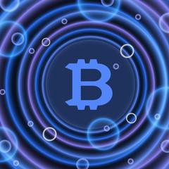 Neon circles with bitcoin sign. Abstract bright neon background with bitcoin. Vibrant rings.
