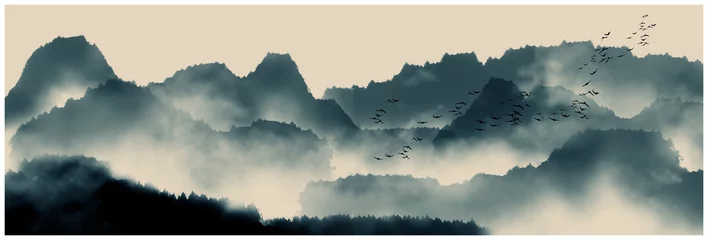 Foto op Plexiglas Blauwgroen Chinese landschapsschilderkunst met inkt en water