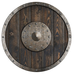 old wooden vikings' shield isolated 3d illustration