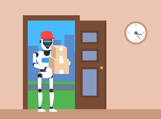 robot courier delivering  parcel cardboard boxes in open doorway
