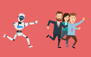 Fototapeta na wymiar running robot android pursuing chasing business people