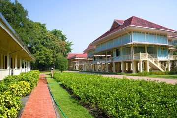 Sunny day at the Teak Palace (Mrigadayavan Palace) of king Rama VI. The surroundings of Hua hin, Thailand