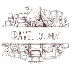 Set of travel equipment. Accessories for camping and camps. Sketch illustration of camping and tourism equipment. Vector