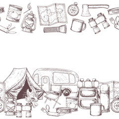Seamless horizontal borders of travel equipment. Accessories for camping and camps. Sketch illustration of camping and tourism equipment. Vector