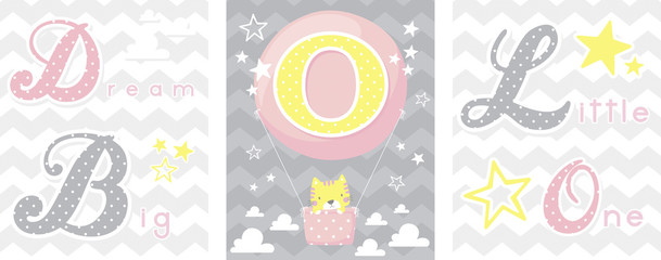 posters set of dream big little one slogan with baby cat and balloon with initial o. can be used for nursery art decor, newborn baby decoration and baby shower