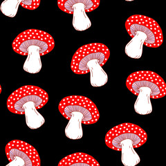 Seamless pattern with cute red fly-agaric amanita mushrooms. Wallpaper, textile design.