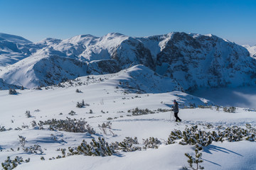 Fototapeta na wymiar Frau wandert mit Schneeschuhen auf dem Berg