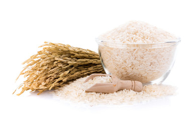 Pile of white rice in bowl on white background