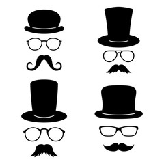 Man faces with glasses, mustache, hats. Photo props collections. Retro party set. Vector
