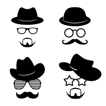 Man faces with glasses, mustache, beard, hats. Photo props collections. Retro party set. Vector