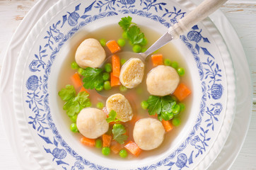 Spring chicken soup noodles, vegetable and toast