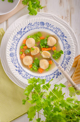 Fresh vegetable soup with chicken dumplings