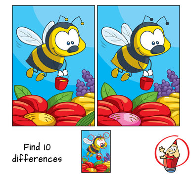 Funny little bee with a bucket flying for honey. Find 10 differences. Educational game for children. Cartoon vector illustration