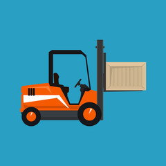 Forklift Truck Isolated on a Blue Background, Orange Vehicle Forklift Picks up a Box, Vector Illustration