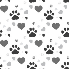 Seamless pattern dog paw and cat paw heart love puppy foot print kitten valentines day. Template for your design. Vector illustration. Isolated on white background