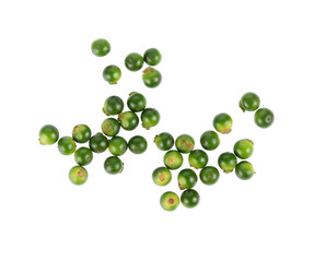 Pile of Fresh Peppercorns. Green pepper seeds isolated on a white background, Top view.