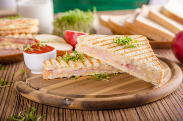 Panini cheese ham toast, fresh apple sandwitch