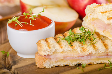 Panini cheese ham toast, fresh apple sandwitch