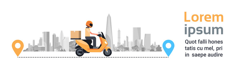 Naklejka na ściany i meble Delivery Service, Man Courier Riding Motorcycle With Box Parcel Over Silhouette City Buildings Background Horizontal Banner Flat Vector Illustration