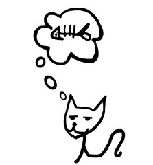 black cat dreaming of eating a fish on white