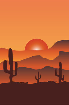 Desert with cactus at sunset illustration