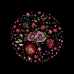 set of flowers. Traditional folk fashion embroidery on the black background. Pansies, roses, dog rose, cactus, plant. vector. Sketch for print on clothes