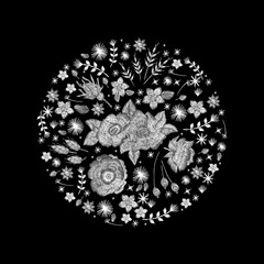 set of  lace. Traditional folk flower fashionable embroidery on the black background. A bouquet of roses and a dog rose, for printing on clothes, vector