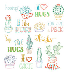 Vector outlined hand-drawn cacti and lettering on white background.