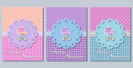 Baby shower cards. Set cute invitation for baby shower party lacy frames. Vector illustration. Greeting background in pastel colors for girl and boy. Holiday templates of die laser cutting.