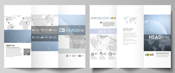 Fototapeta na wymiar The minimalistic abstract vector illustration of the editable layout of two creative tri-fold brochure covers design business templates. World globe on blue. Global network connections, lines and dots