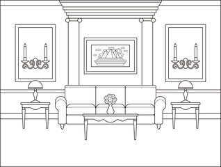 Living room interior. Linear room. Vector. Outline background in classic style. Coloring page. Black white sketch salon with columns. Thin line illustration in flat design. Home space with furniture.